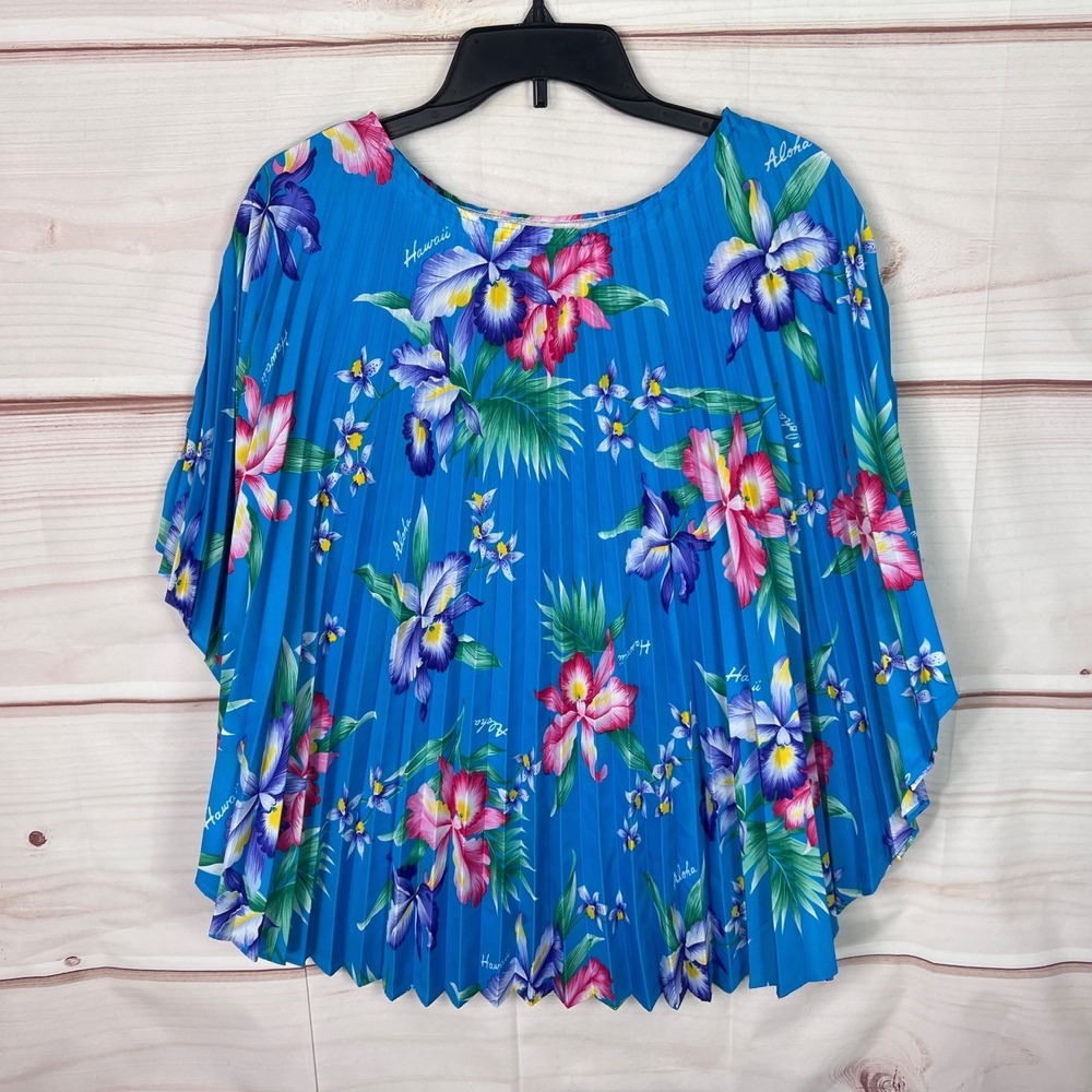 Banana Bay Top Womens OS Blue Floral Tropical Blouse Poncho Pleated‎ Hawaiian
